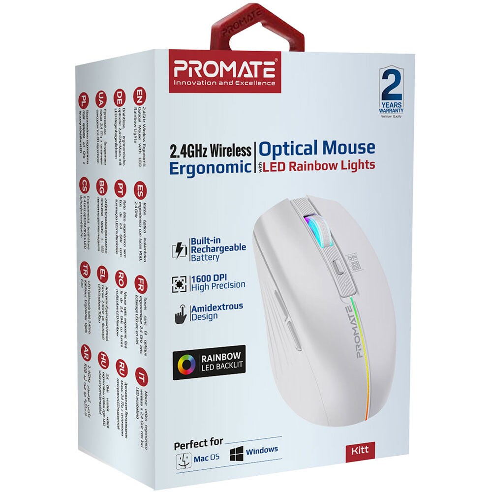 Mouse Wireless PROMATE Kitt, 1600 dpi, alb