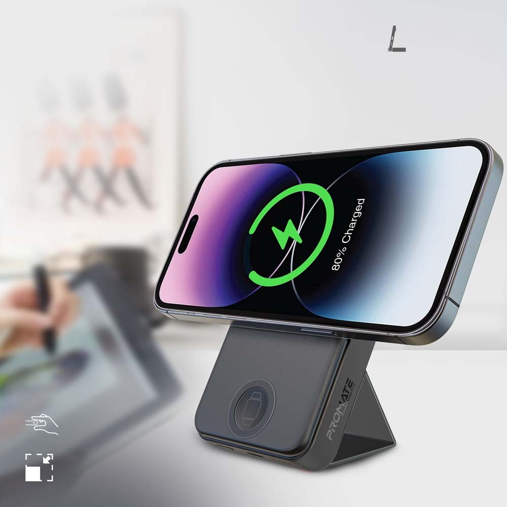 Baterie externa wireless PROMATE PowerMag-Trio, 10000mAh, 1xUSB-C 20W Power Delivery, negru
