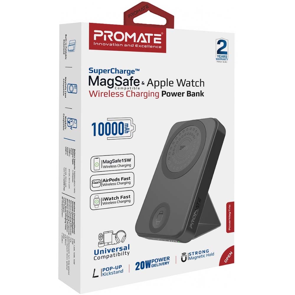 Baterie externa wireless PROMATE PowerMag-Trio, 10000mAh, 1xUSB-C 20W Power Delivery, negru