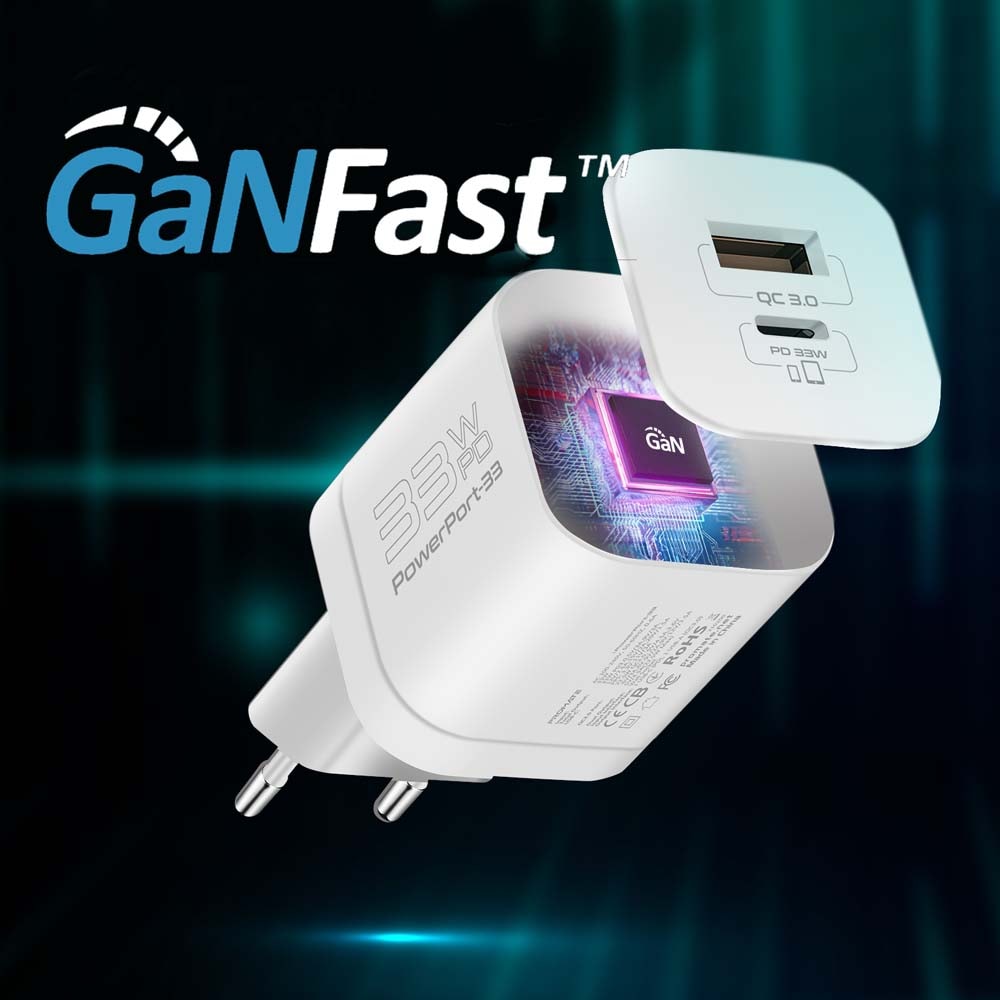 Incarcator retea PROMATE PowerPort-33, USB-C, GaN Fast Charging, Power Delivery (PD) 33W, alb