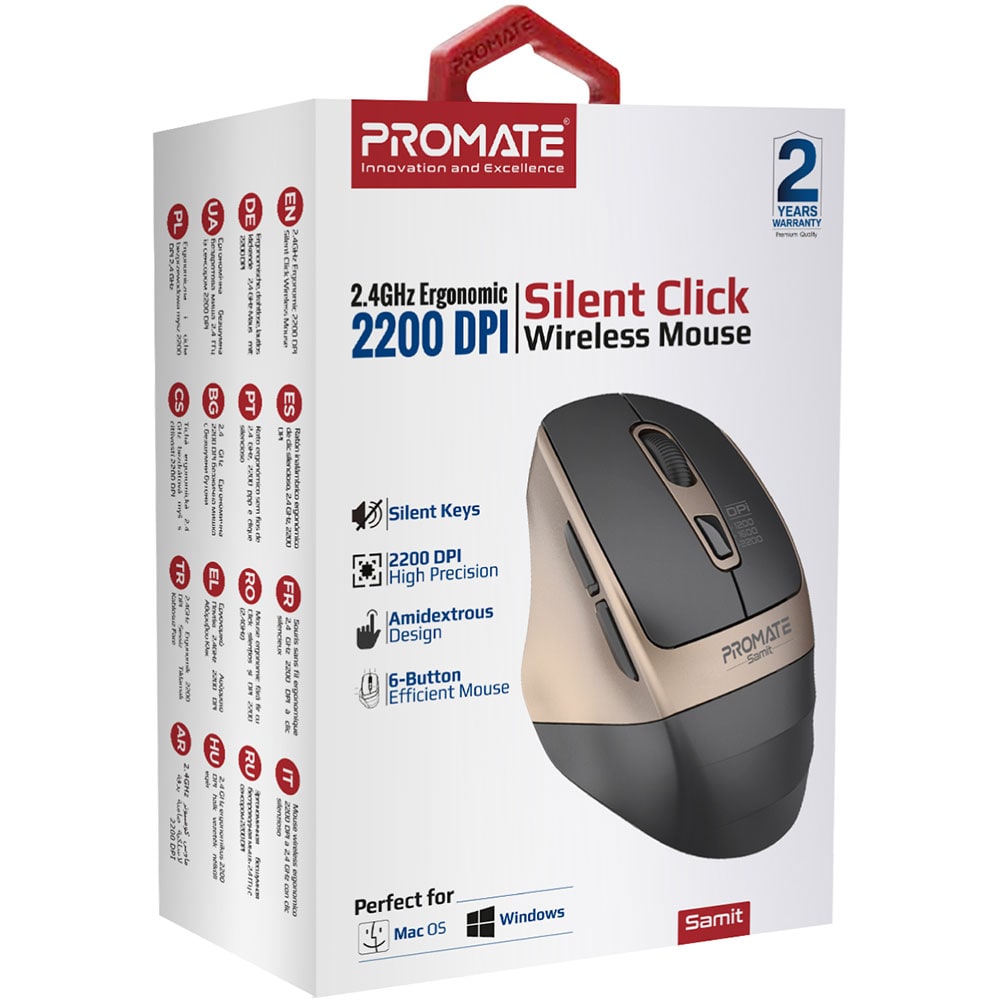 Mouse Wireless PROMATE Samit, 2200 dpi, auriu-negru