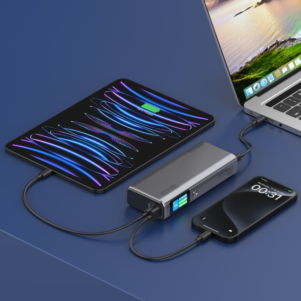 Baterie externa PROMATE Titan-130, 20000mAh, 2xUSB-C PD (60W-100W), 1xUSB-A 30W, gri