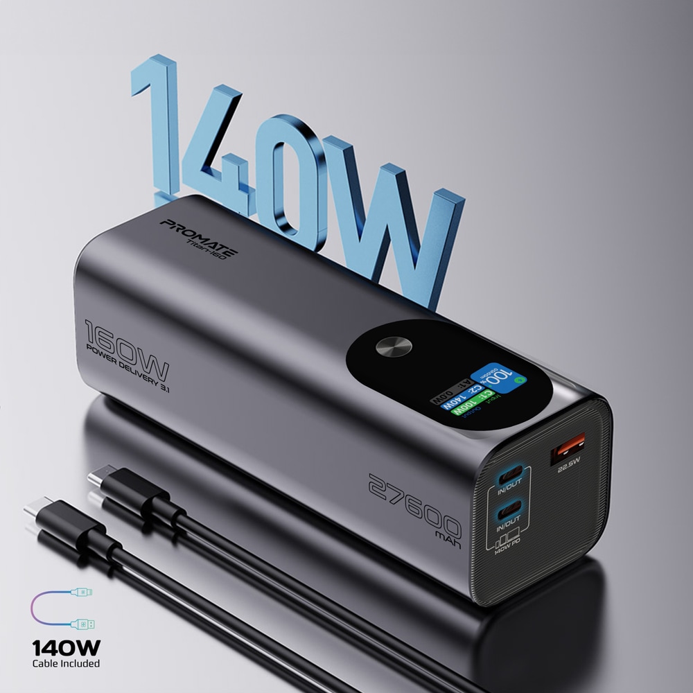 Baterie externa PROMATE Titan-160, 27600mAh, 2xUSB-C PD 140W, 1xUSB-A 22.5W, gri