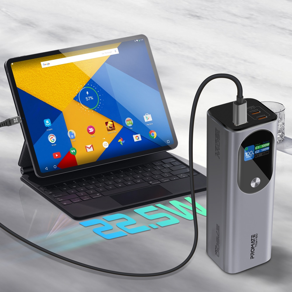 Baterie externa PROMATE Titan-160, 27600mAh, 2xUSB-C PD 140W, 1xUSB-A 22.5W, gri