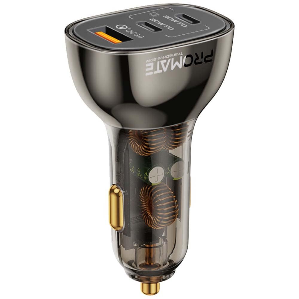 Incarcator auto PROMATE TransDrive-80W, 2xUSB-C Power Delivery 20W&30W, 1xUSB-A Quick Charge 30W, negru