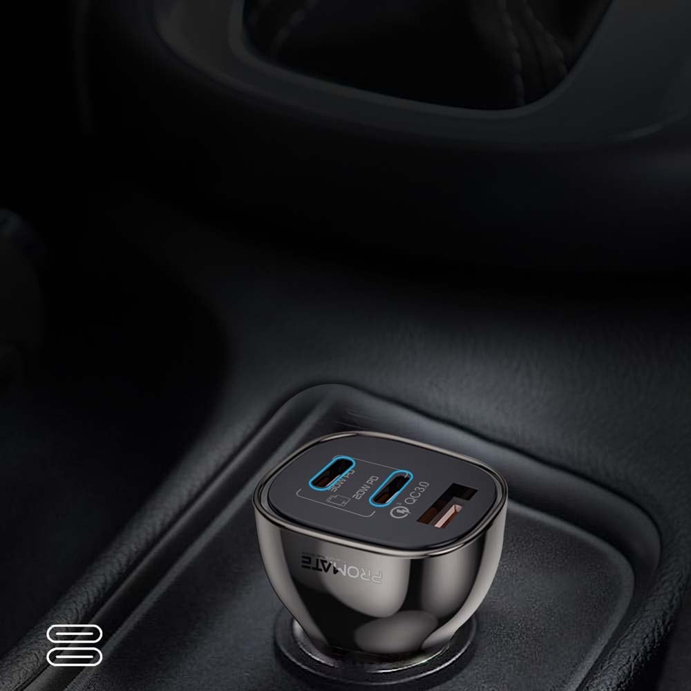 Incarcator auto PROMATE TransDrive-80W, 2xUSB-C Power Delivery 20W&30W, 1xUSB-A Quick Charge 30W, negru