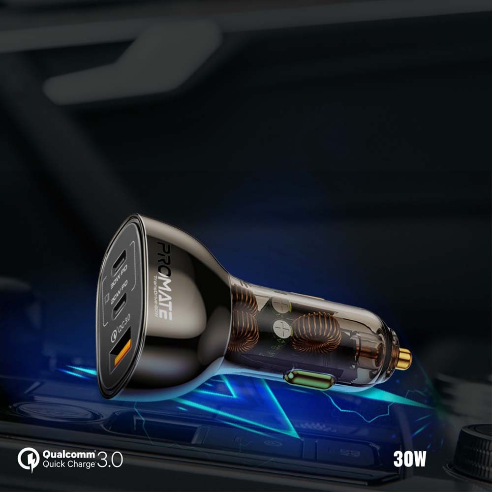 Incarcator auto PROMATE TransDrive-80W, 2xUSB-C Power Delivery 20W&30W, 1xUSB-A Quick Charge 30W, negru