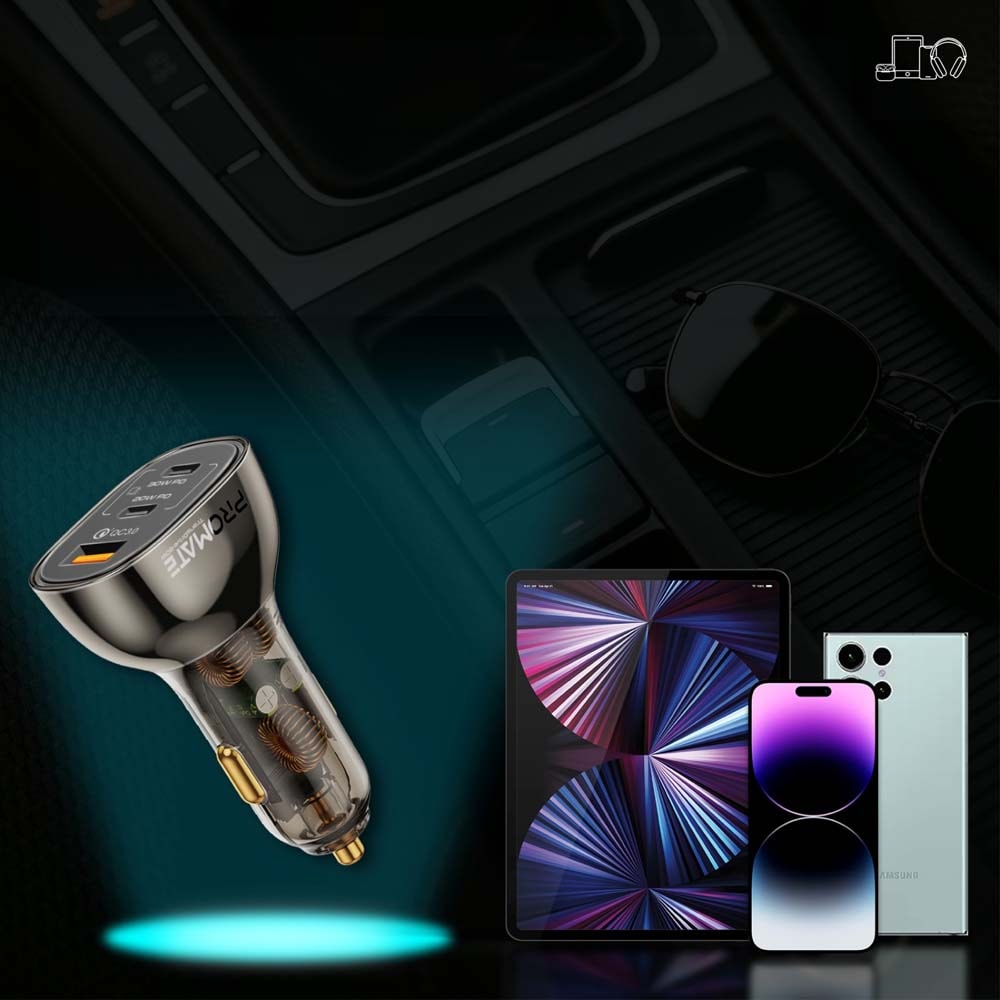 Incarcator auto PROMATE TransDrive-80W, 2xUSB-C Power Delivery 20W&30W, 1xUSB-A Quick Charge 30W, negru