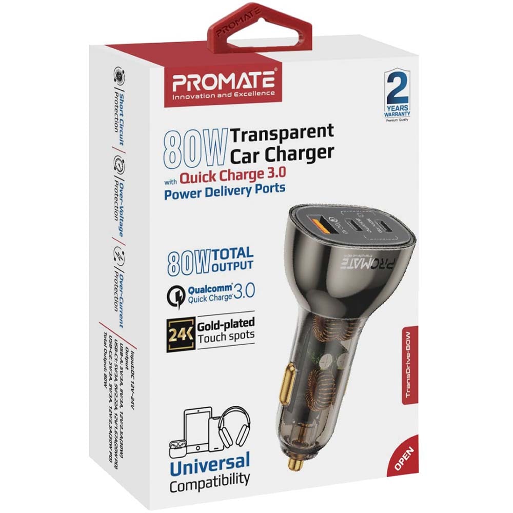 Incarcator auto PROMATE TransDrive-80W, 2xUSB-C Power Delivery 20W&30W, 1xUSB-A Quick Charge 30W, negru
