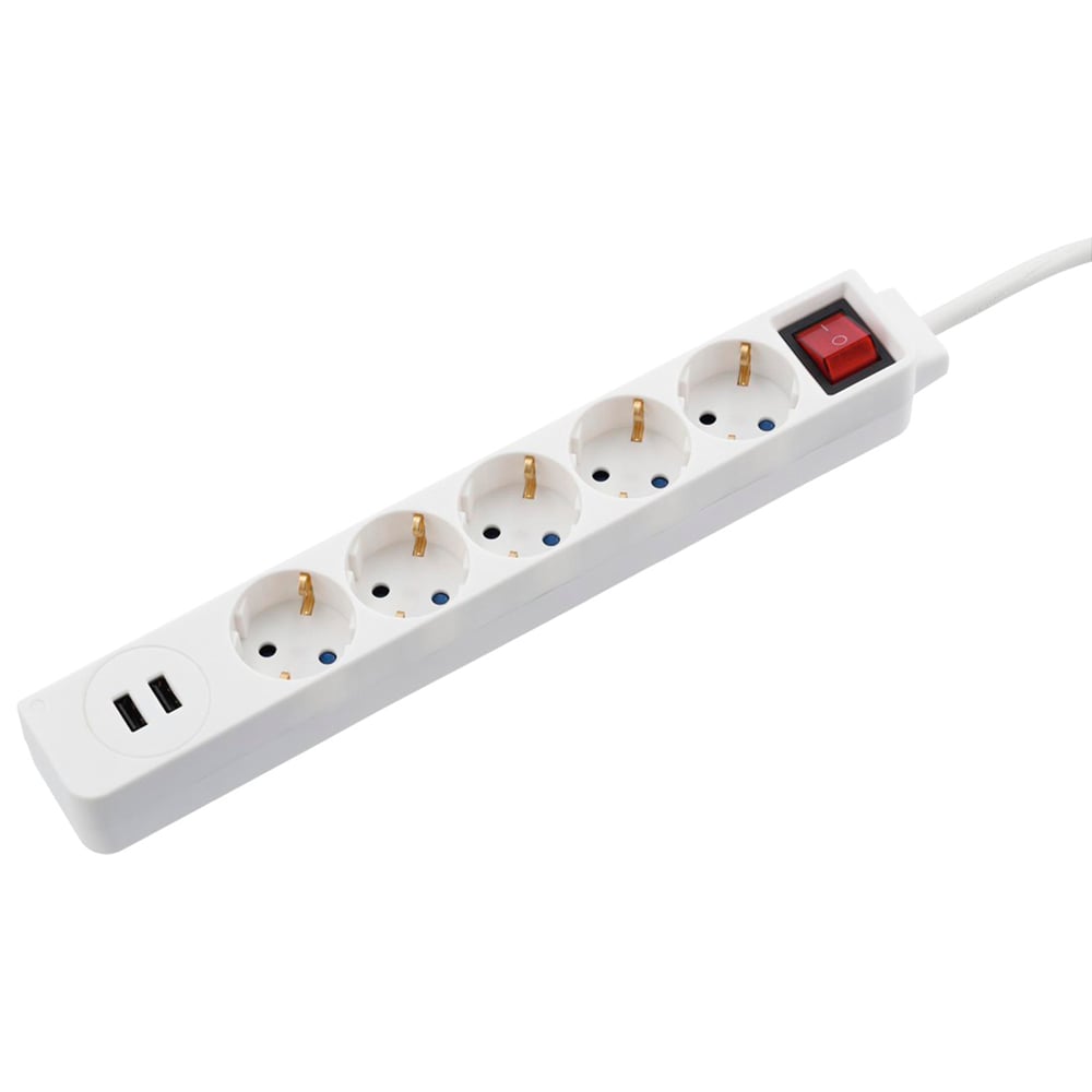 Prelungitor HAMA 9137350, 5 prize Schuko, 1.4m, 2 x USB, alb
