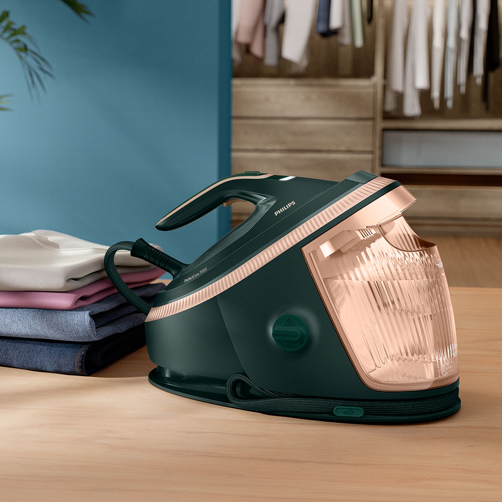 Statie de calcat PHILIPS PerfectCare Seria 7000 PSG7300/70, 3120W, 650g/min, 1.5l, talpa SteamGlide Elite, verde inchis-roz