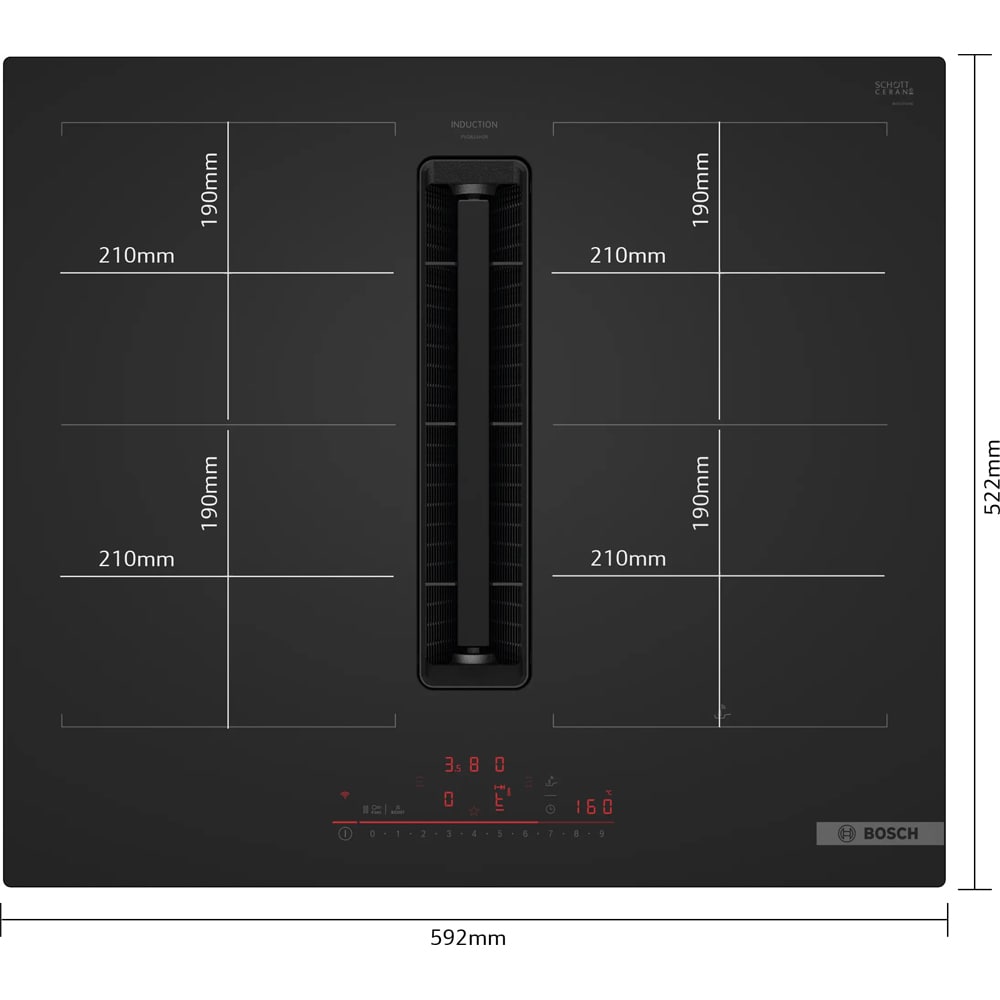 Plita incorporabila cu hota integrata BOSCH PVQ61AH26E, Inductie, 4 arzatoare, Touch control, negru mat