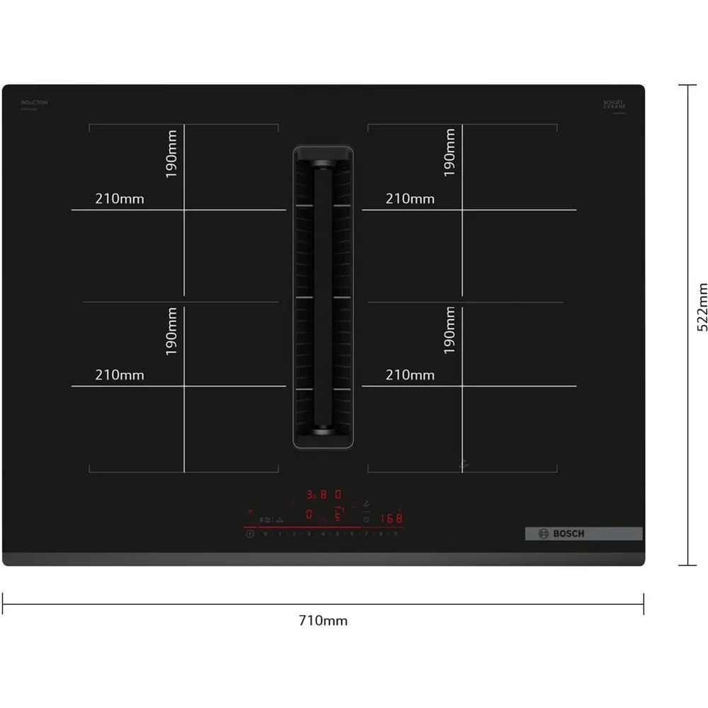 Plita incorporabila cu hota integrata BOSCH PVQ731H26E, Inductie, 4 arzatoare, Touch control, negru