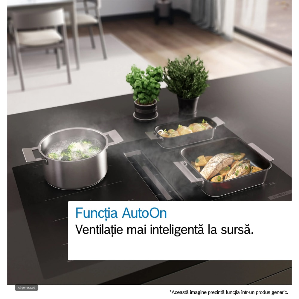 Plita incorporabila cu hota integrata BOSCH PVQ81AH26E, Inductie, 4 arzatoare, Touch control, negru mat