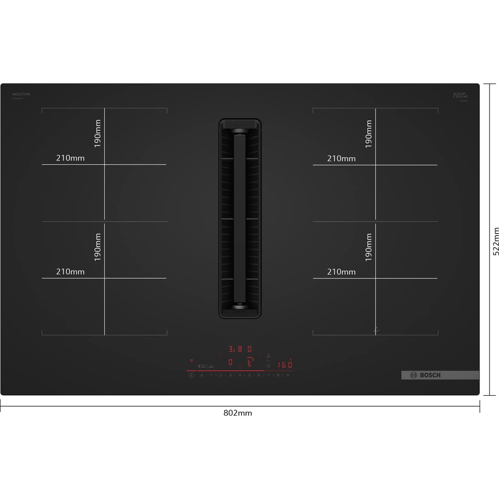 Plita incorporabila cu hota integrata BOSCH PVQ81AH26E, Inductie, 4 arzatoare, Touch control, negru mat
