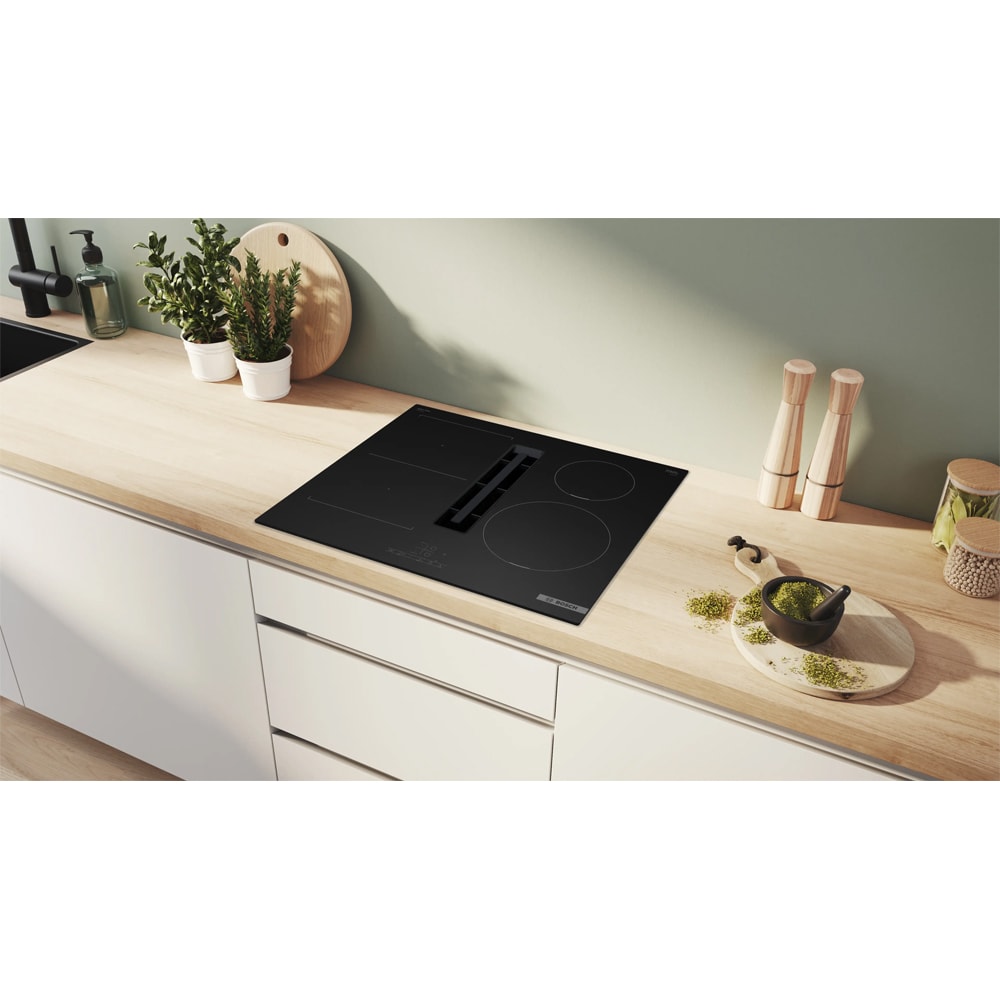 Plita incorporabila cu hota integrata BOSCH PVS61AB16E, Inductie, 4 arzatoare, Touch control, negru mat