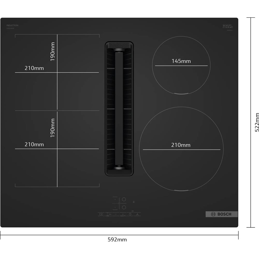 Plita incorporabila cu hota integrata BOSCH PVS61AB16E, Inductie, 4 arzatoare, Touch control, negru mat