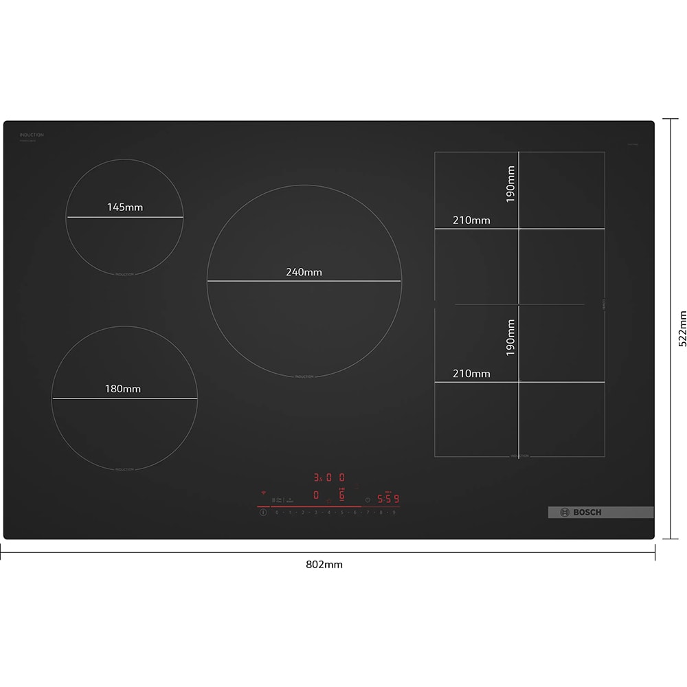 Plita incorporabila BOSCH PVW81CHB1E, Inductie, 5 arzatoare, Touch Control, negru mat