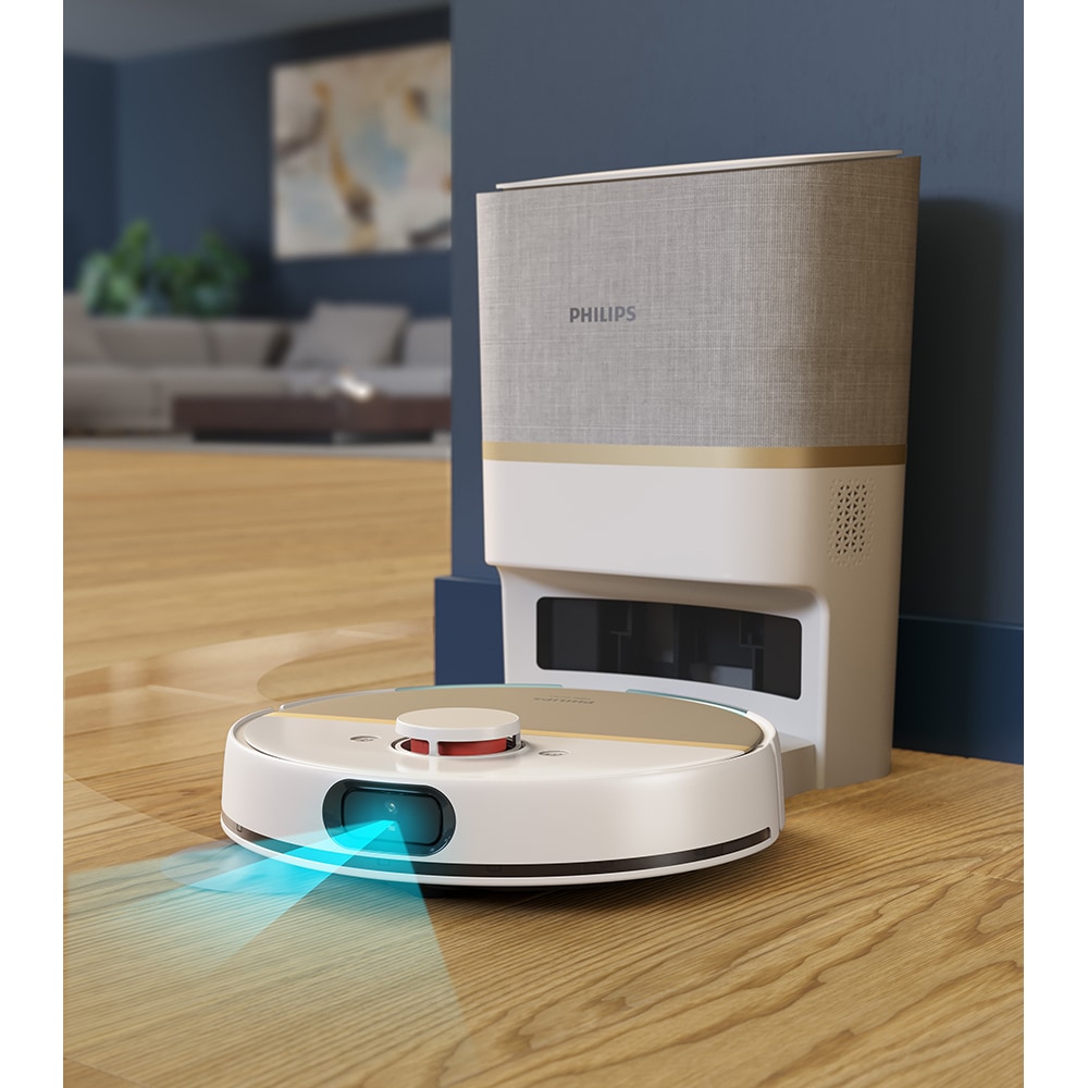 Aspirator robot PHILIPS Seria 7000 Aqua HomeRun XU7100/02, 0.26l, 14.4V, autonomie max 180 min, Wi-Fi, functie mop, alb-auriu