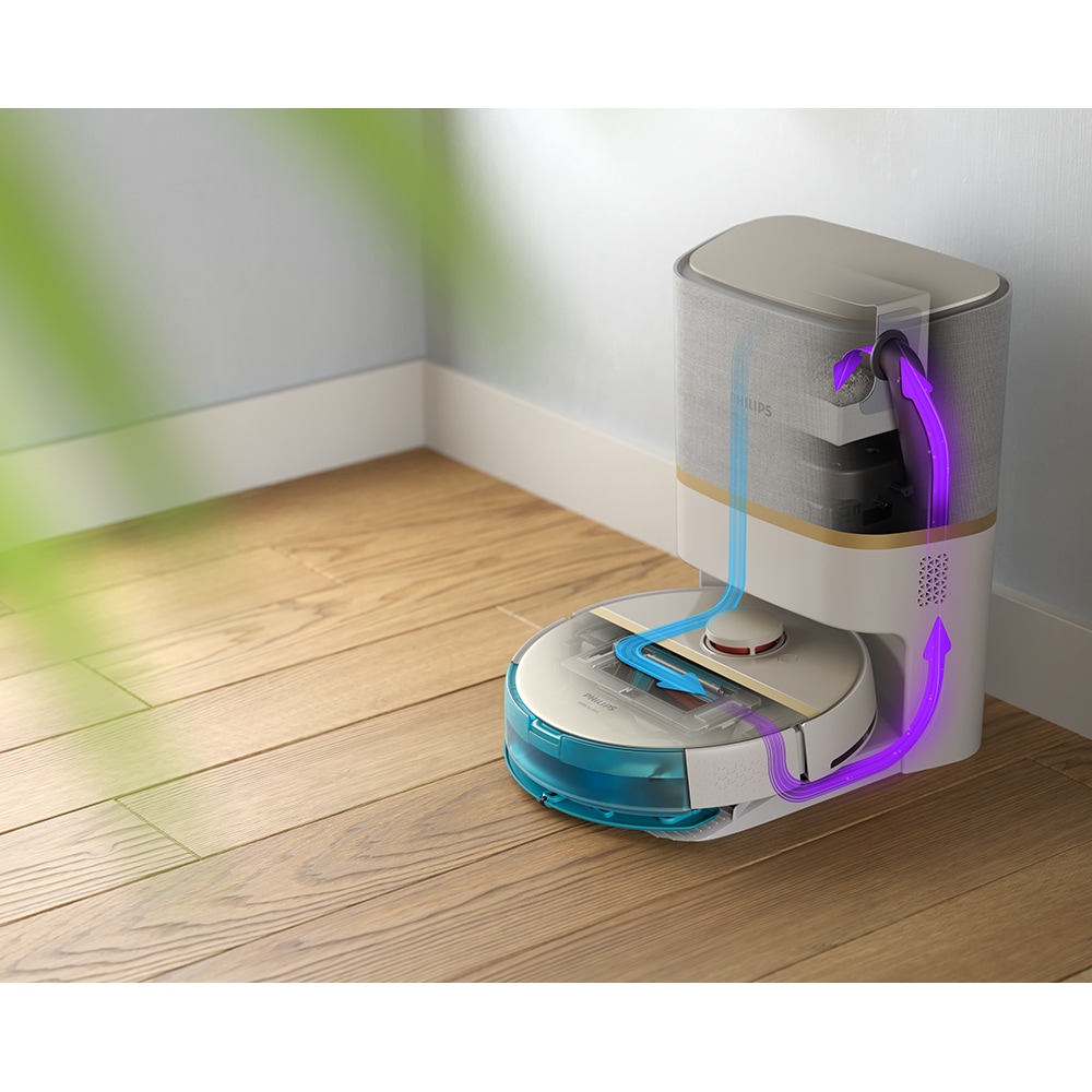 Aspirator robot PHILIPS Seria 7000 Aqua HomeRun XU7100/02, 0.26l, 14.4V, autonomie max 180 min, Wi-Fi, functie mop, alb-auriu