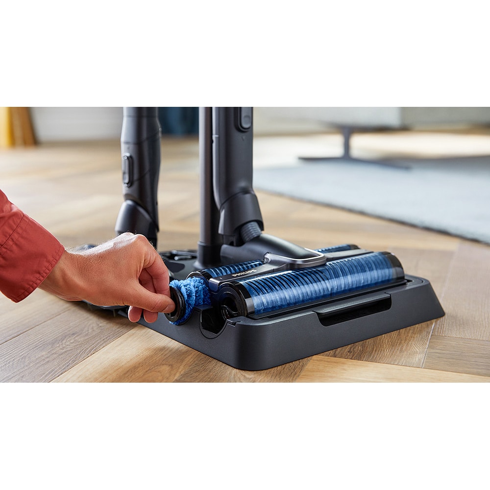 Aspirator vertical PHILIPS AquaTrio Seria 9000 XW9463/11, 0.45l, 25.2V, autonomie max 58 min, PowerCyclone Aqua, albastru-negru
