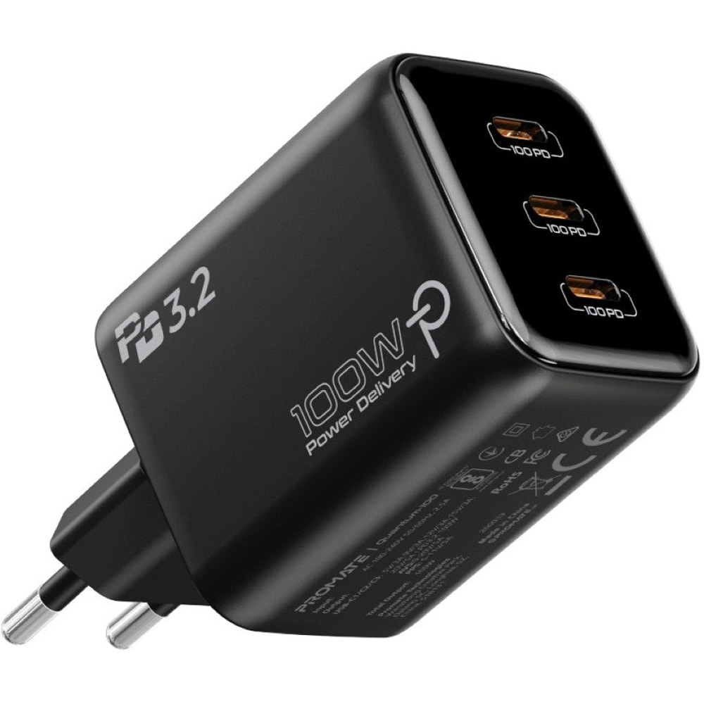 Incarcator retea PROMATE Quantum-100, 3x USB-C Power Delivery 100W, negru