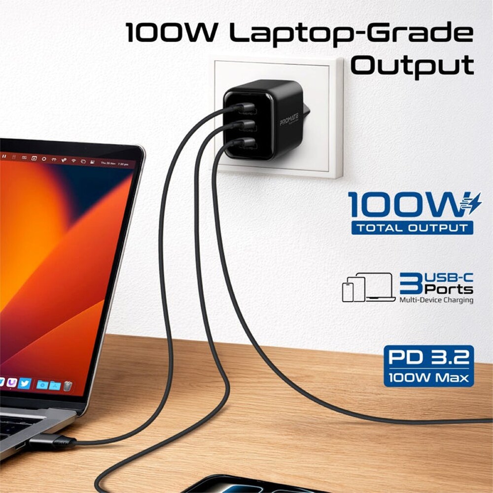 Incarcator retea PROMATE Quantum-100, 3x USB-C Power Delivery 100W, negru