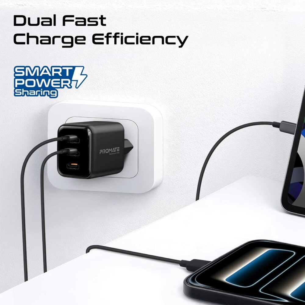 Incarcator retea PROMATE Quantum-100, 3x USB-C Power Delivery 100W, negru