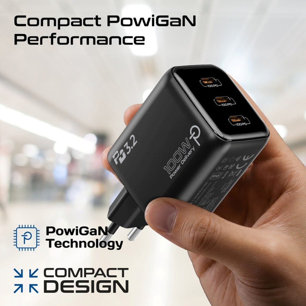 Incarcator retea PROMATE Quantum-100, 3x USB-C Power Delivery 100W, negru