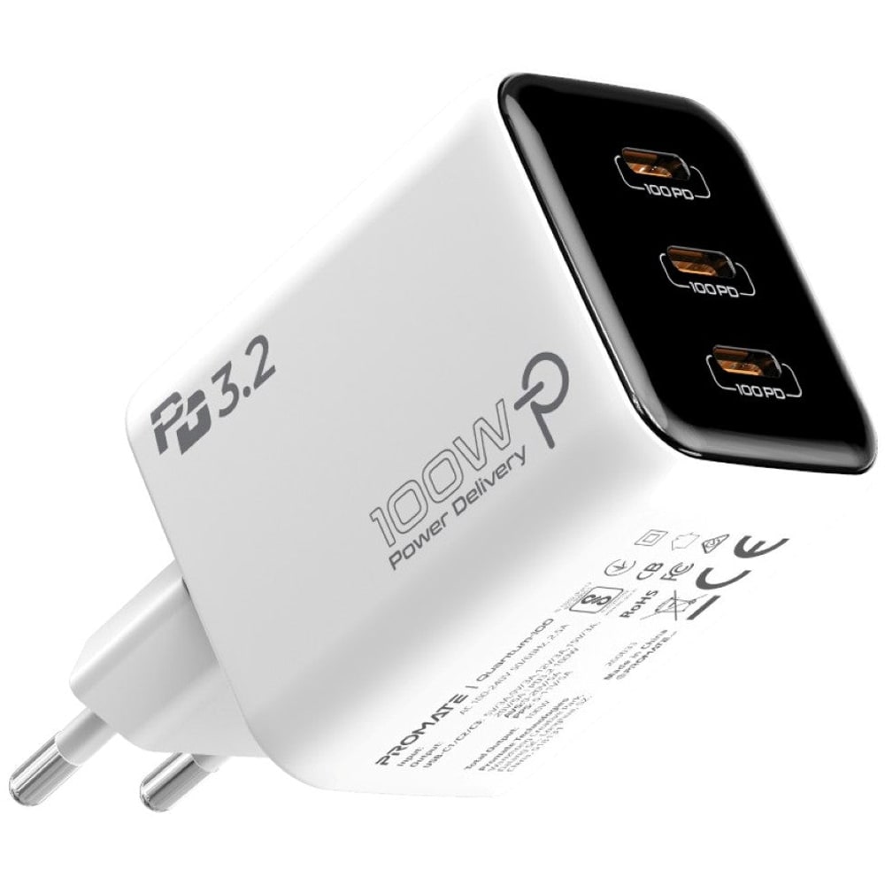 Incarcator retea PROMATE Quantum-100, 3x USB-C Power Delivery 100W, alb
