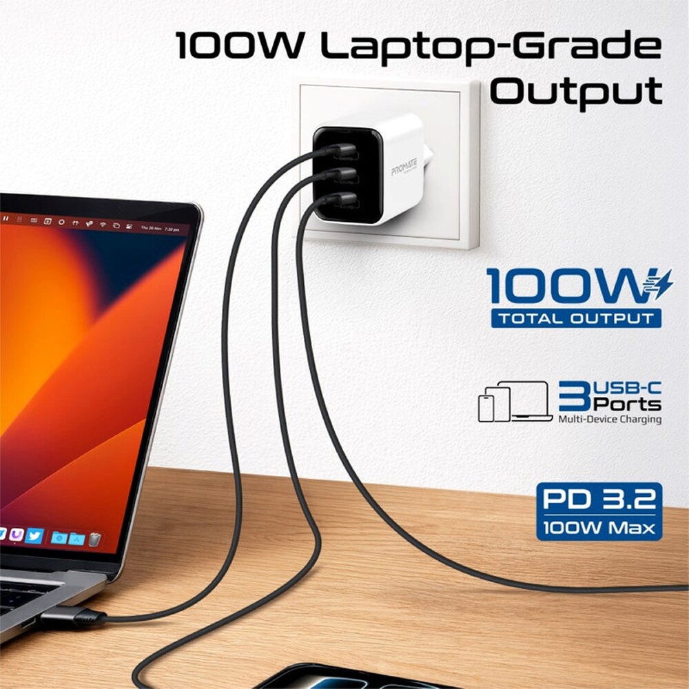 Incarcator retea PROMATE Quantum-100, 3x USB-C Power Delivery 100W, alb