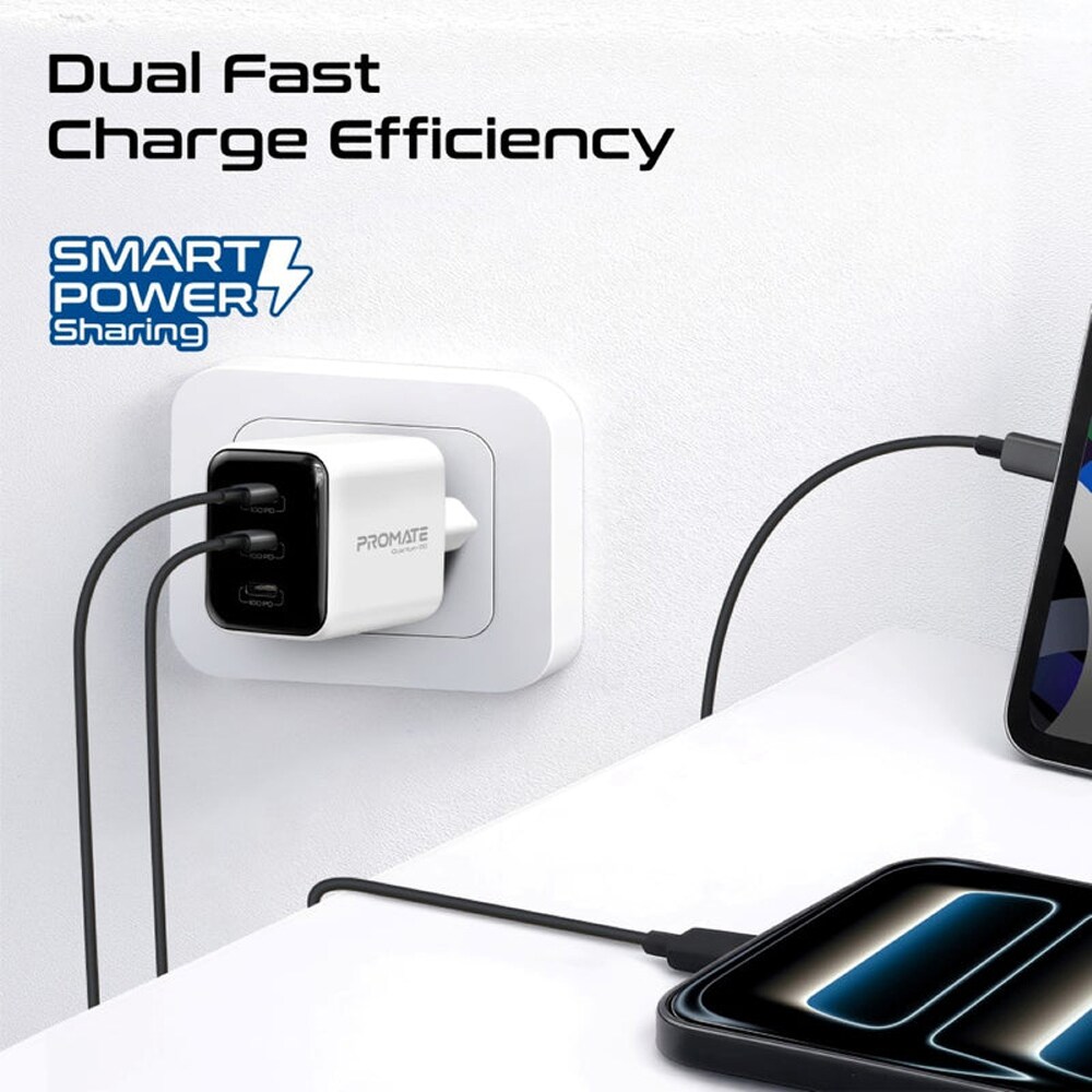 Incarcator retea PROMATE Quantum-100, 3x USB-C Power Delivery 100W, alb