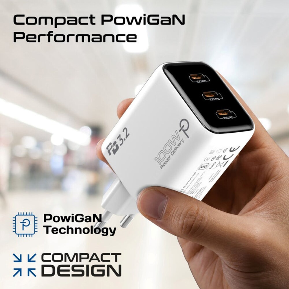 Incarcator retea PROMATE Quantum-100, 3x USB-C Power Delivery 100W, alb