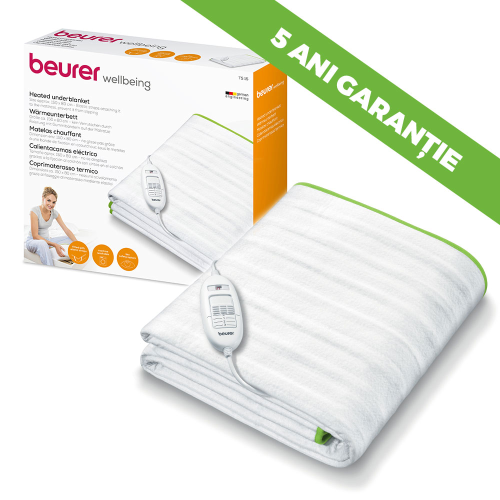 Saltea electrica BEURER TS15, 60W, 150 x 80 cm, Comutator detasabil, alb-verde