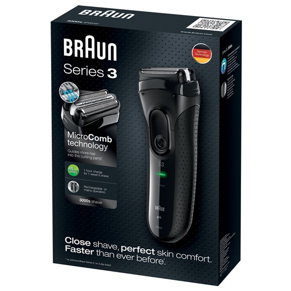 Aparat de ras BRAUN Series 3 3000s, acumulator, autonomie 45 min, MicroComb, negru