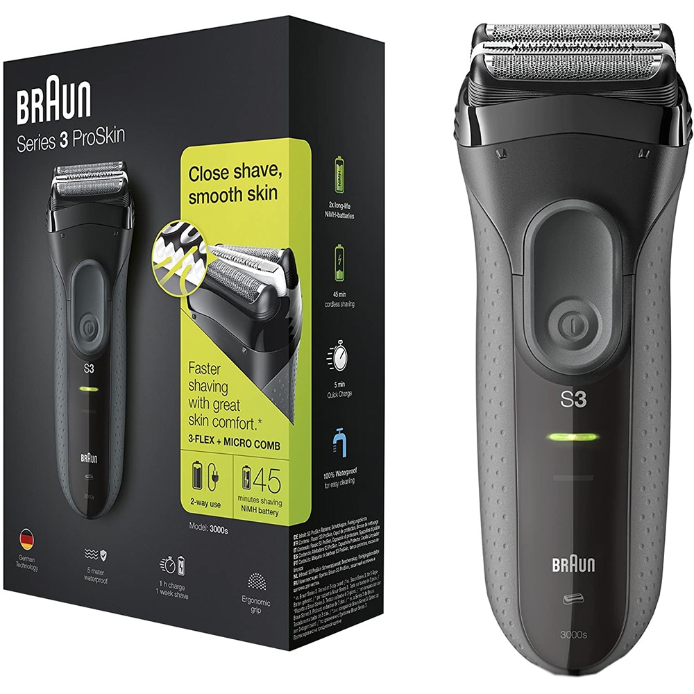 Aparat de ras BRAUN Series 3 3000s, acumulator, autonomie 45 min, MicroComb, negru