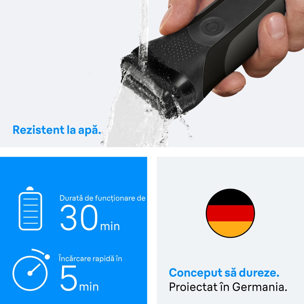 Aparat de ras BRAUN 300BT, acumulator, autonomie 30 min, negru-verde