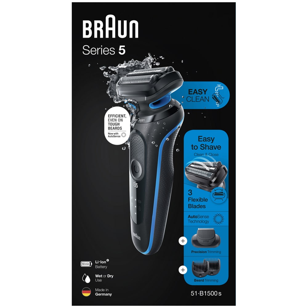Aparat de ras BRAUN Series 5 51-B1500s Wet&Dry, AutoSense, Easy Click, autonomie 50 min, 3 elemente de taiere, negru-albastru