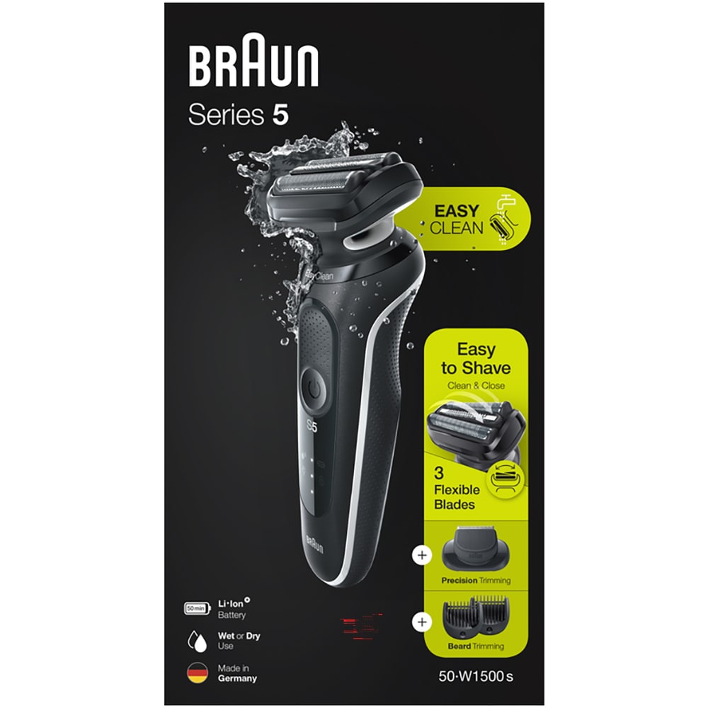 Aparat de ras BRAUN Series 5 50-W1500, Wet&Dry, Easy Click, Easy Clean, autonomie 50 min, 3 elemente de taiere, negru