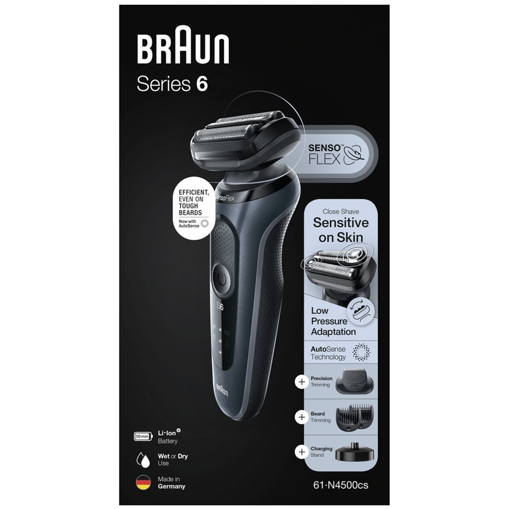 Aparat de ras BRAUN Series 6 61-N4500cs, Wet&Dry, AutoSense, SensoFlex, autonomie 50 min, 3 elemente de taiere, trusa voiaj, gri