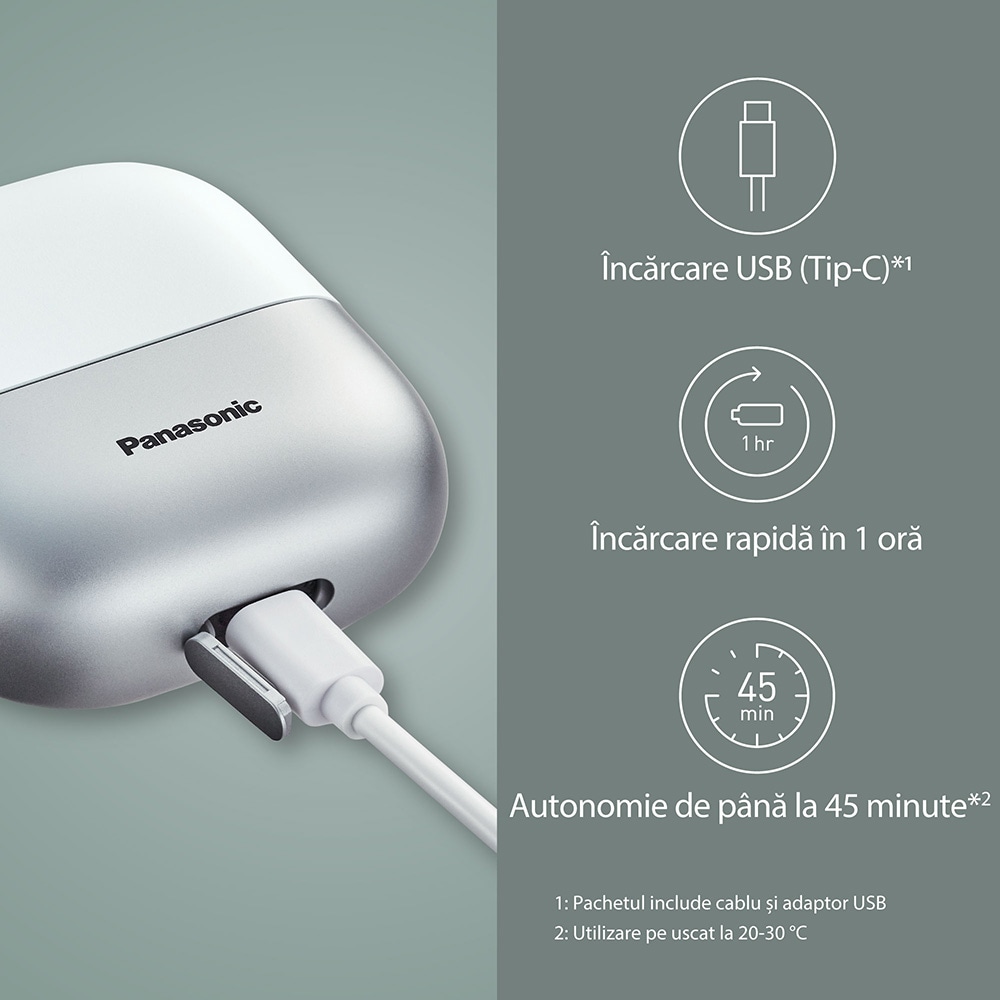 Aparat de ras portabil PANASONIC ES-CM3BKS503 Seria 700, Wet&Dry, autonomie 45 min, 2 elemente de taiere, argintiu