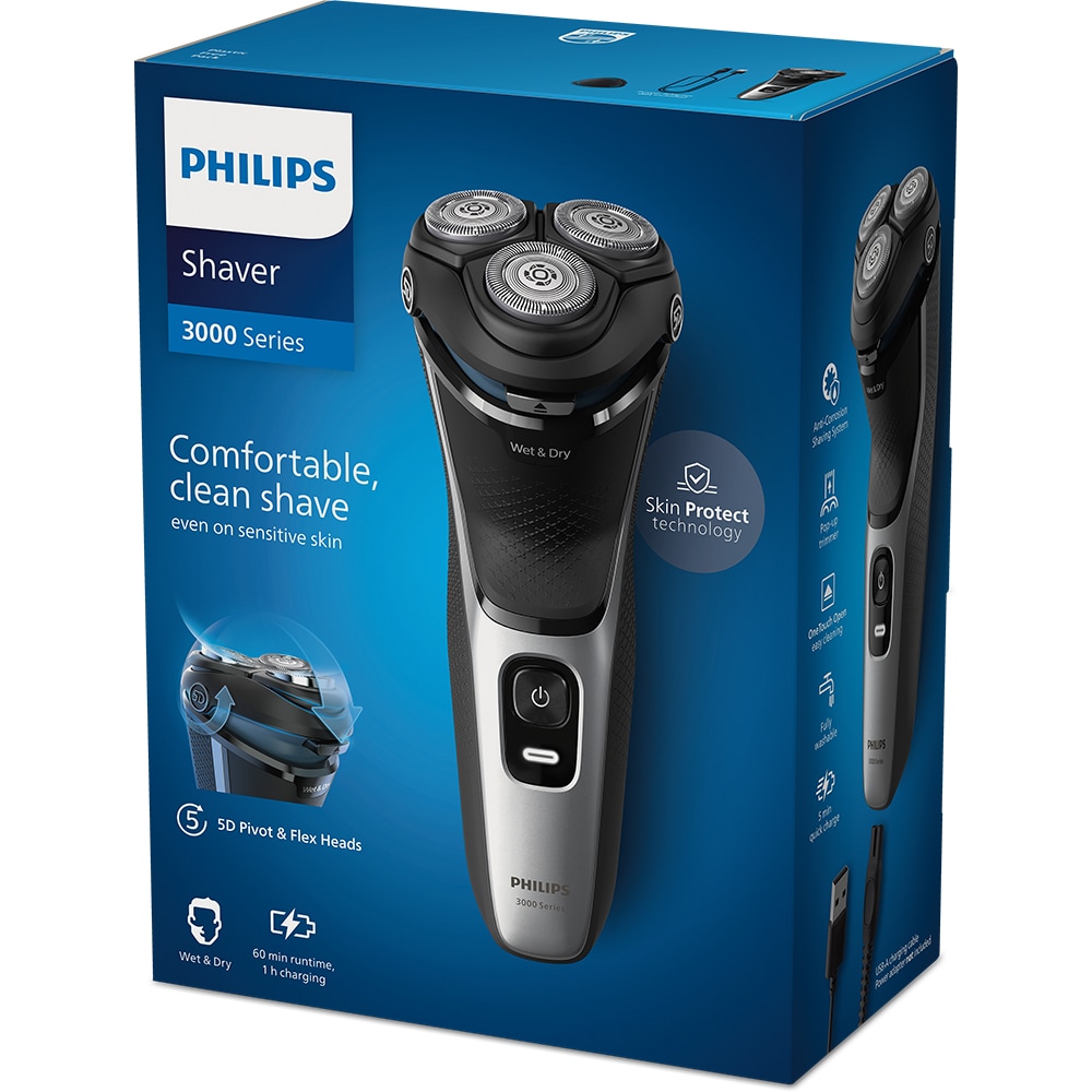 Aparat de ras PHILIPS Seria3000 S3143/00, Wet&Dry, autonomie 60 min, 3 elemente de taiere, argintiu