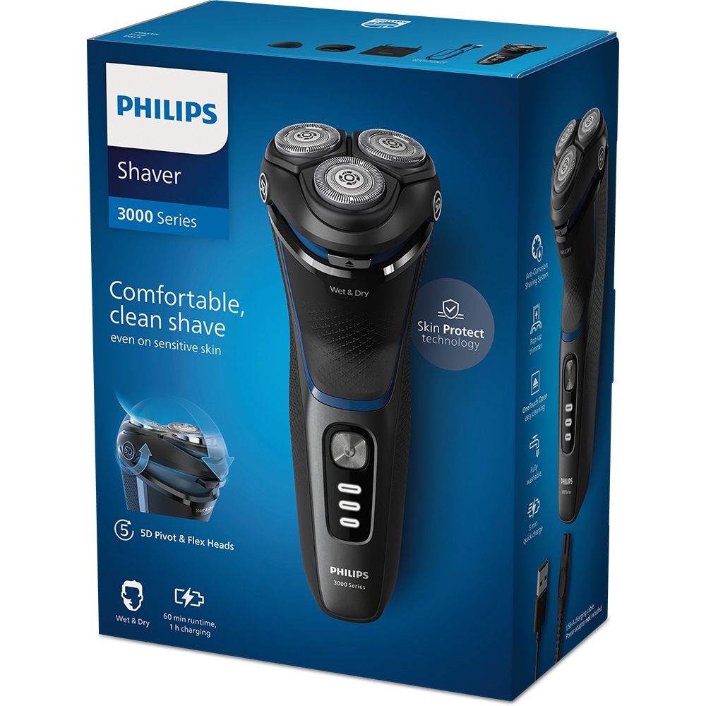 Aparat de ras PHILIPS Seria3000 S3344/13, Wet&Dry, autonomie 60 min, 3 elemente de taiere, negru