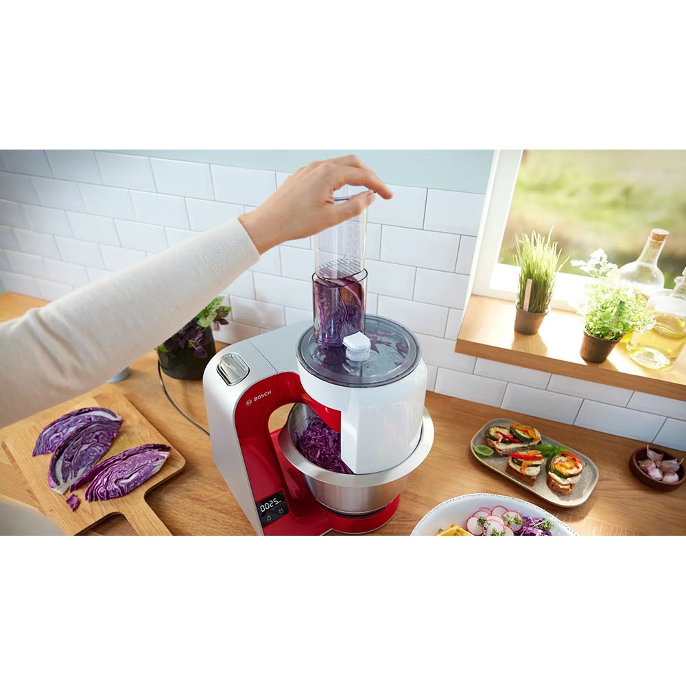 Robot de bucatarie BOSCH MUM5X720, vas 3.9l, blender 1.25l, 1000W, 7 trepte viteza, rosu-argintiu