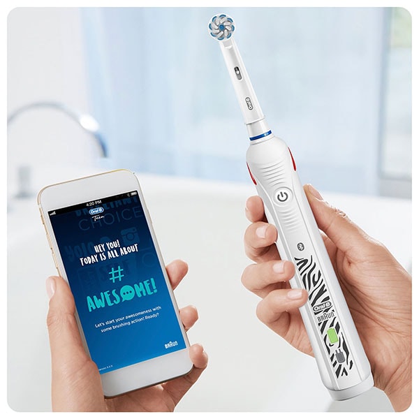 Periuta de dinti electrica copii Oral-B Teen, Bluetooth, 40000 pulsatii/min, Curatare 3D, 3 programe, 2 capate, alb