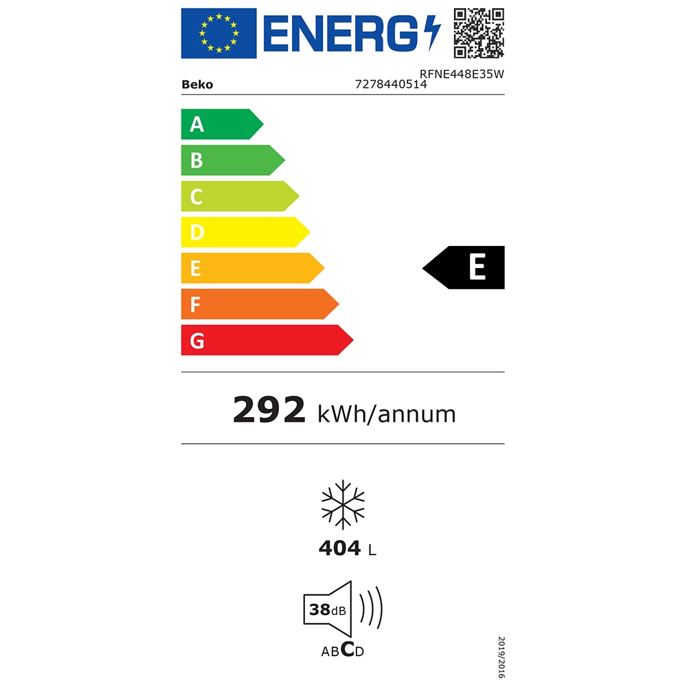 Congelator BEKO RFNE448E35W, No Frost, 404 l, H 191.2 cm, Clasa E, alb