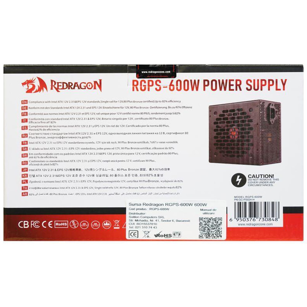 Sursa de alimentare REDRAGON RGPS-600W, 600W, 140mm, 80 PLUS Bronze