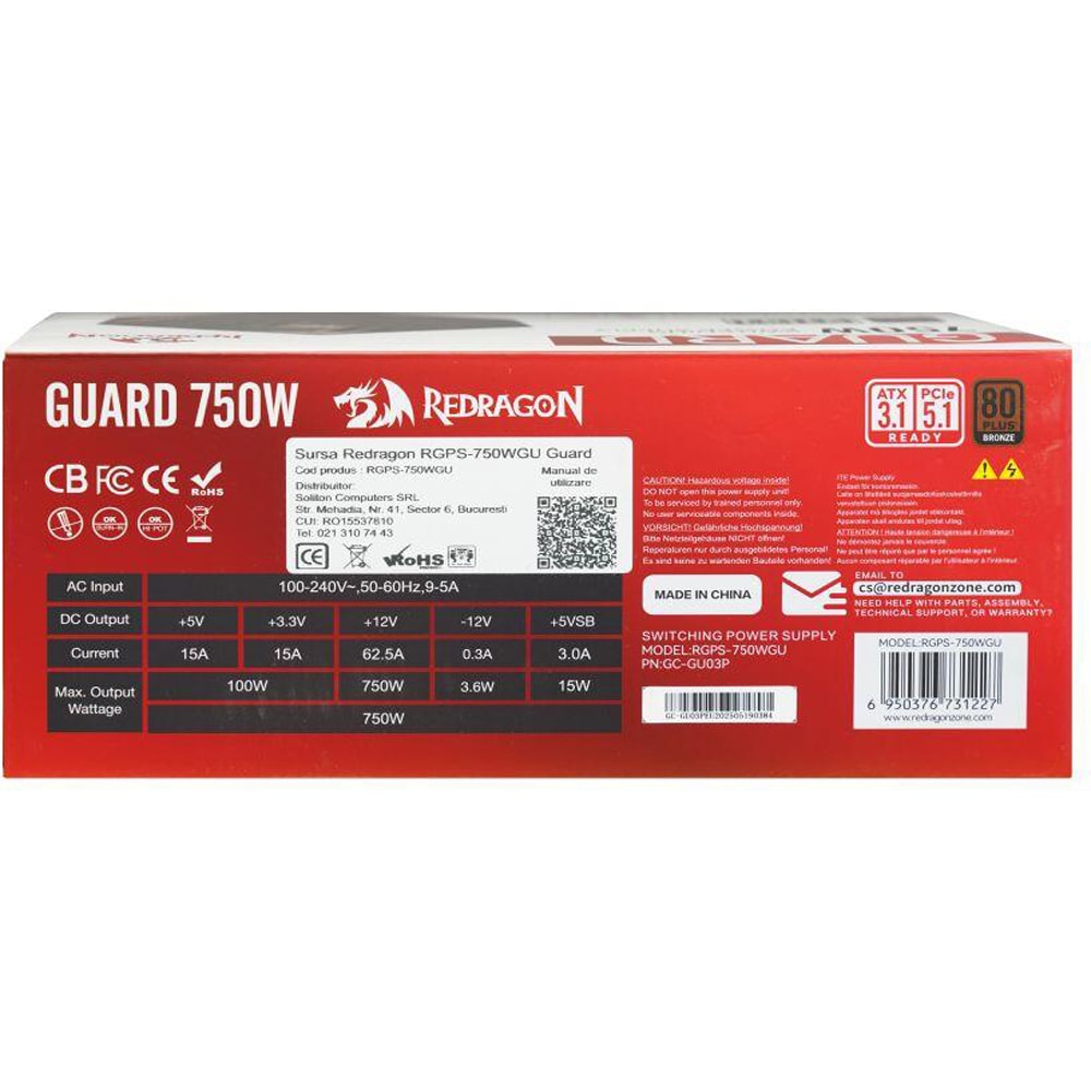 Sursa de alimentare REDRAGON RGPS-750WGU Guard, 750W, 120mm, 80 PLUS Bronze