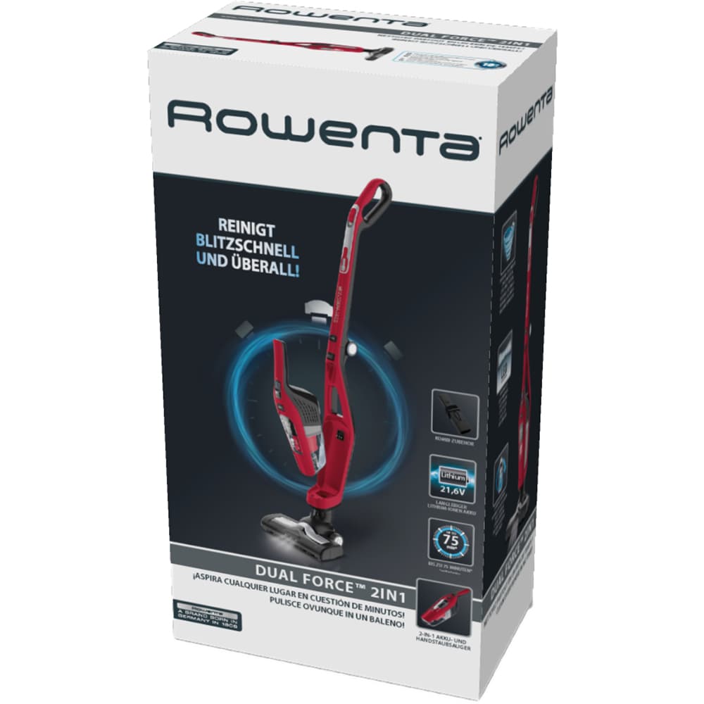 Aspirator vertical ROWENTA Dual Force 2in1 RH6753WO, 0.6l, 21.6V, autonomie max 75 min, iluminare LED, rosu-gri inchis