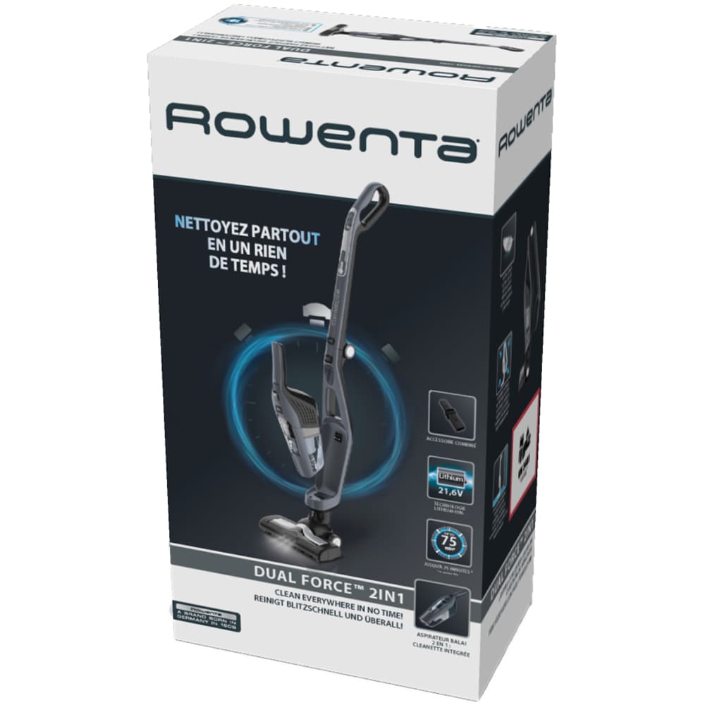Aspirator vertical ROWENTA Dual Force 2in1 RH6756WO, 0.6l, 21.6V, autonomie max 75 min, tehnologie ciclonica, gri